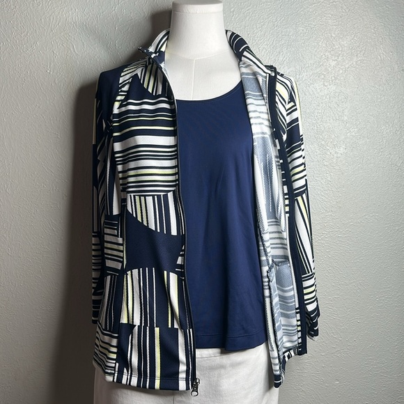 WEEKENDS By Chico’s Navy Linear Dot Striped Knit Wrinkle Free Zip Front Jacket M - Picture 11 of 17